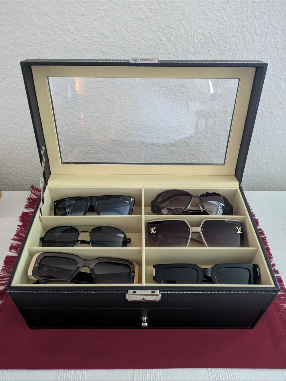 Luxury Black Leather Sunglass Case with Glass Top